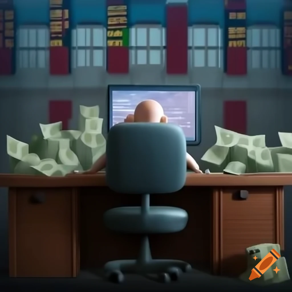 Cartoon character in front of computer analyzing stock market with money stacks