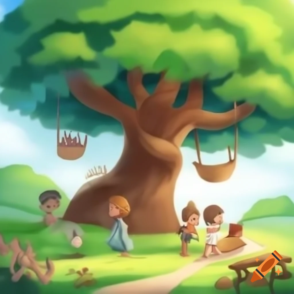 Lively park scene featuring large oak tree with swing and picnic blanket underneath