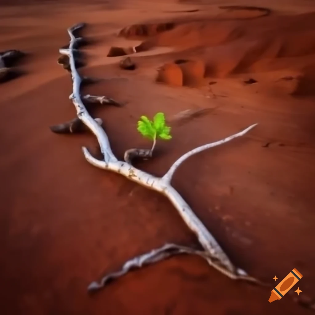 Dead branch with green sprout in reddish-brown rocky landscape