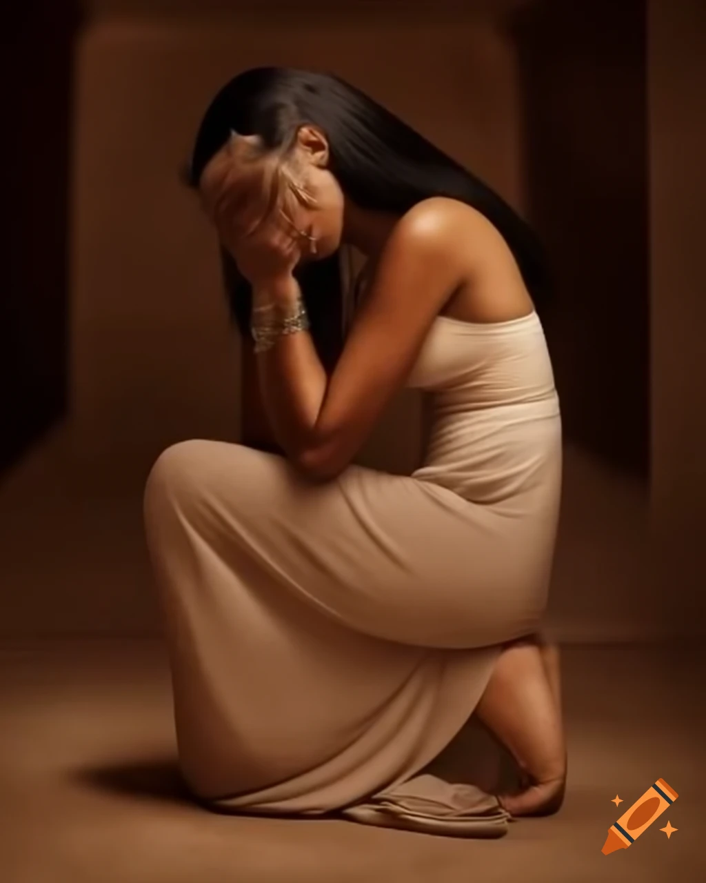 Emotional queen of ancient Egypt kneeling and looking at viewer