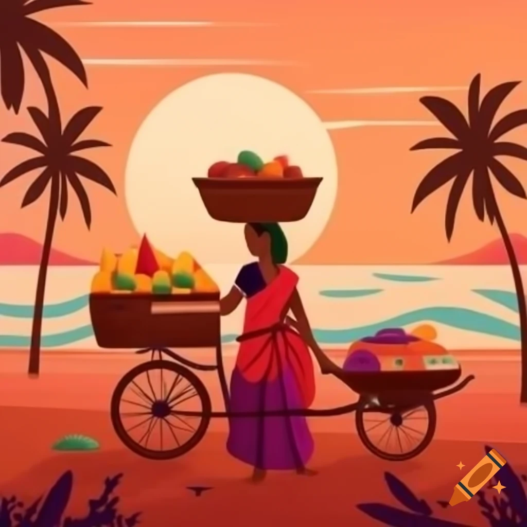 Lady in saree selling fruits on Goa beach at sunset, illustration poster