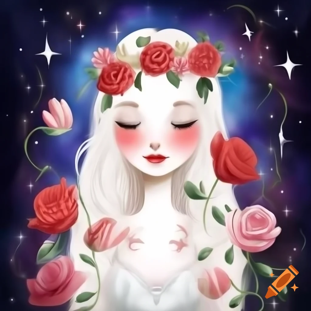 Enchantress portrait with roses and galaxy background, detailed illustration