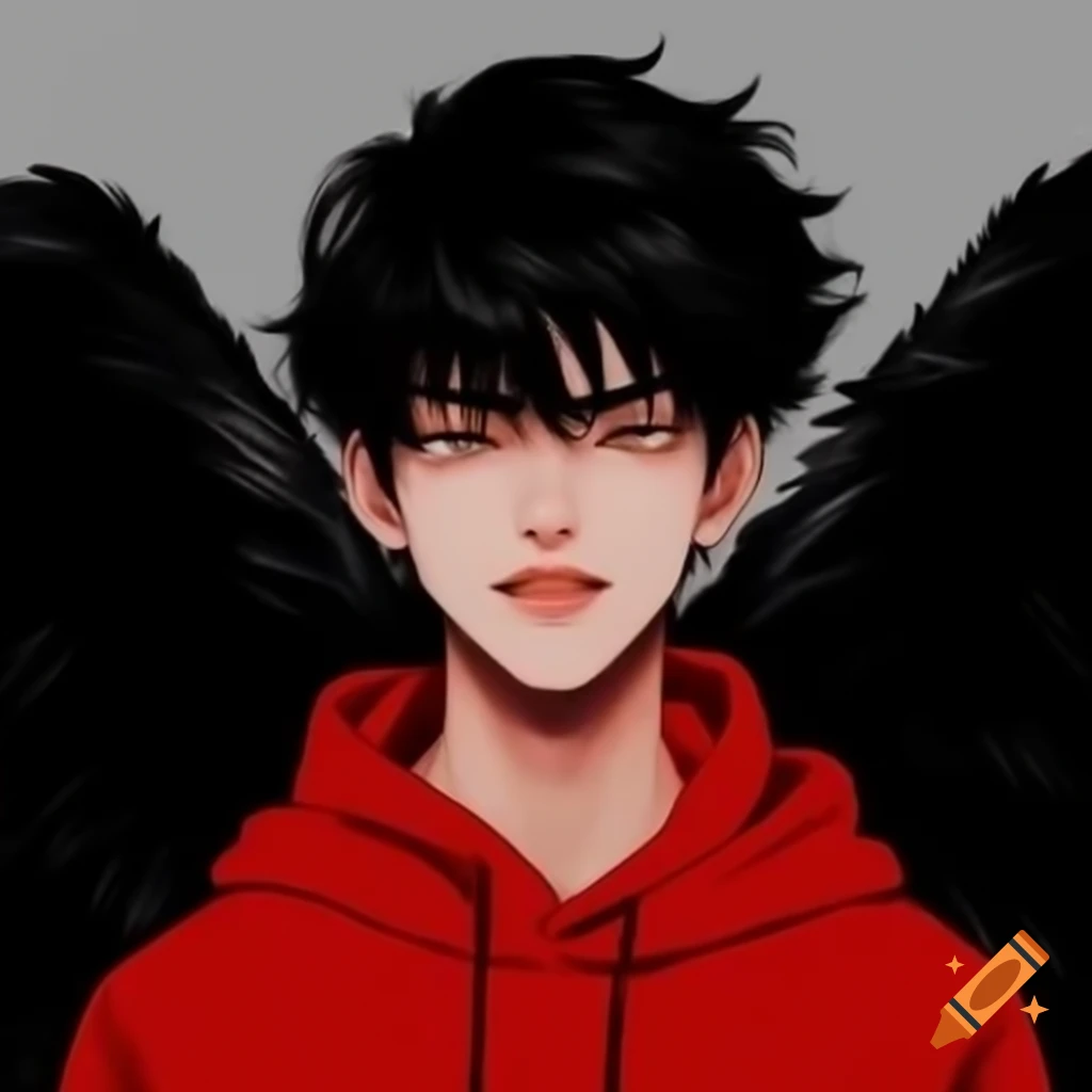 Adult male with large black wings in red hoodie