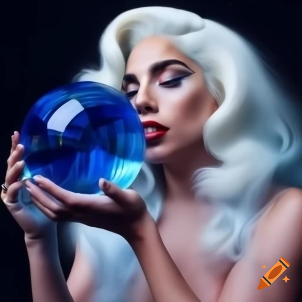 Lady Gaga holding blue glass sphere in futuristic setting with bright lights