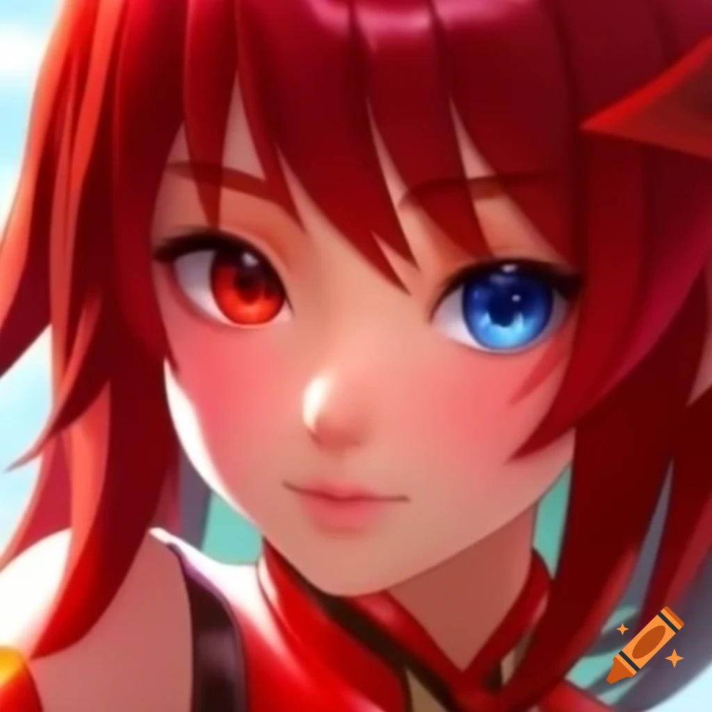 Anime character with red eyes, coat, and hair