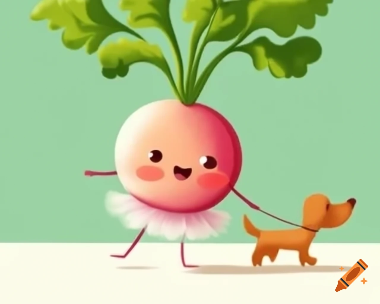 Cute illustration of baby daikon radish in tutu walking a dog
