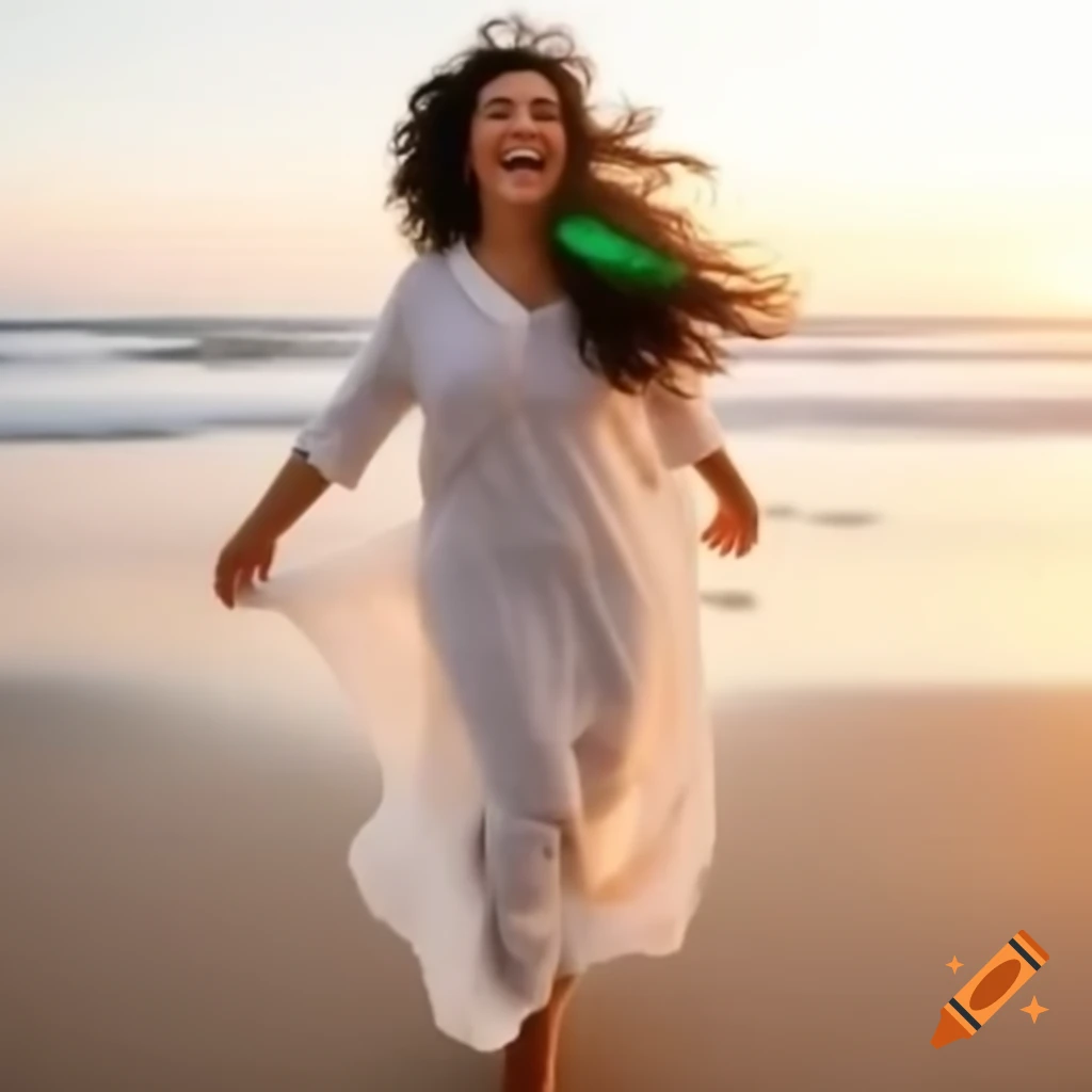 Brunette woman of Hispanic descent playfully standing on beach during sunrise