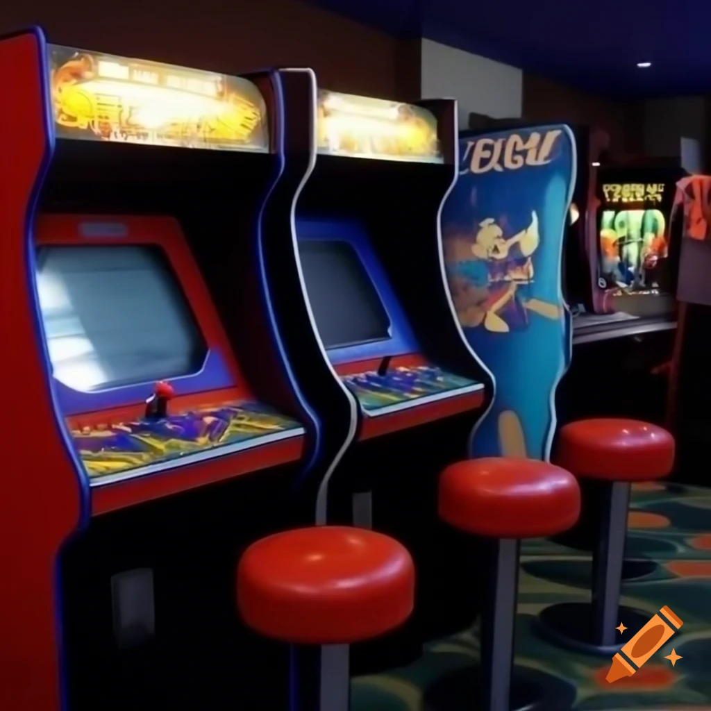 Brightly lit 80s style arcade with vibrant background