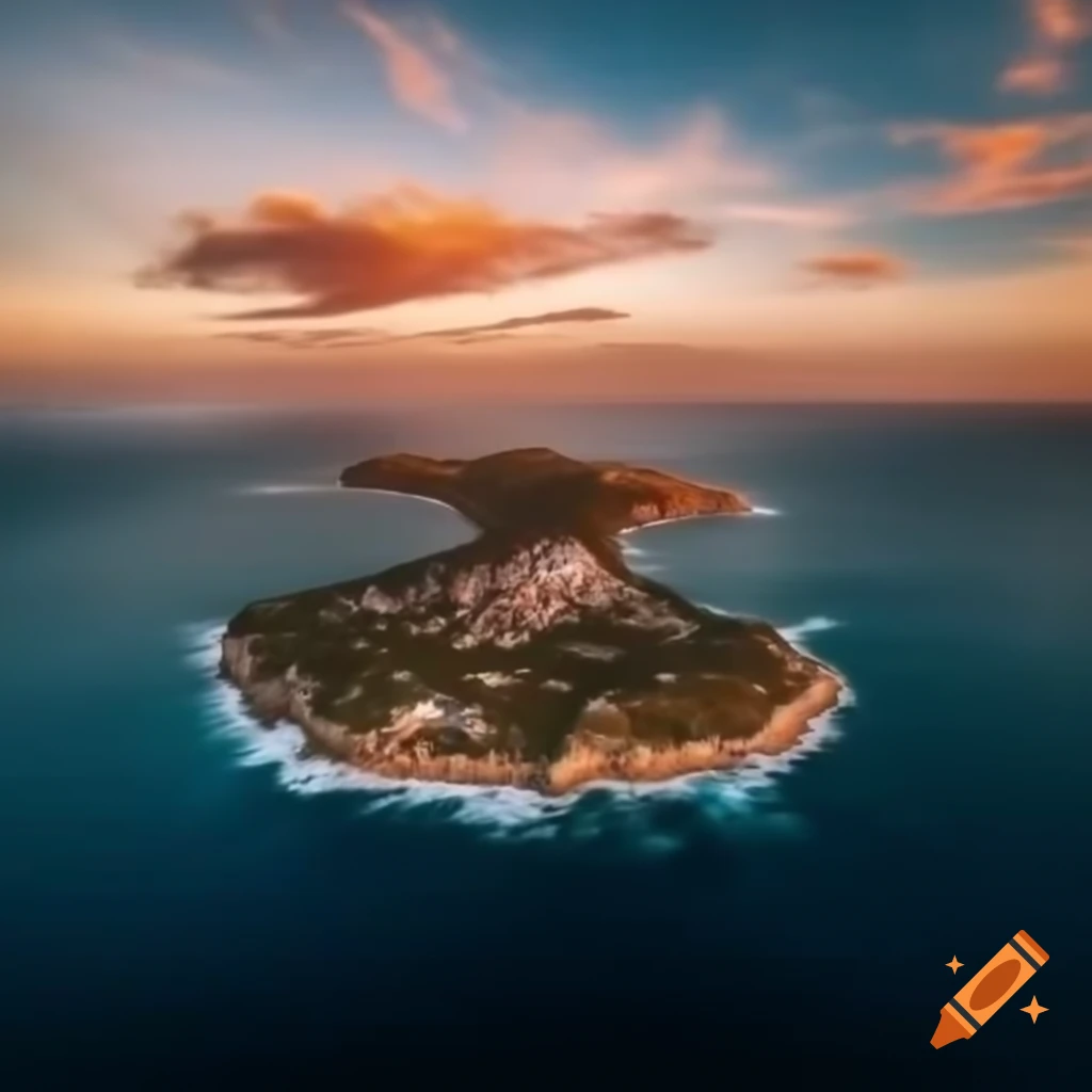 Urban island in the ocean during sunset