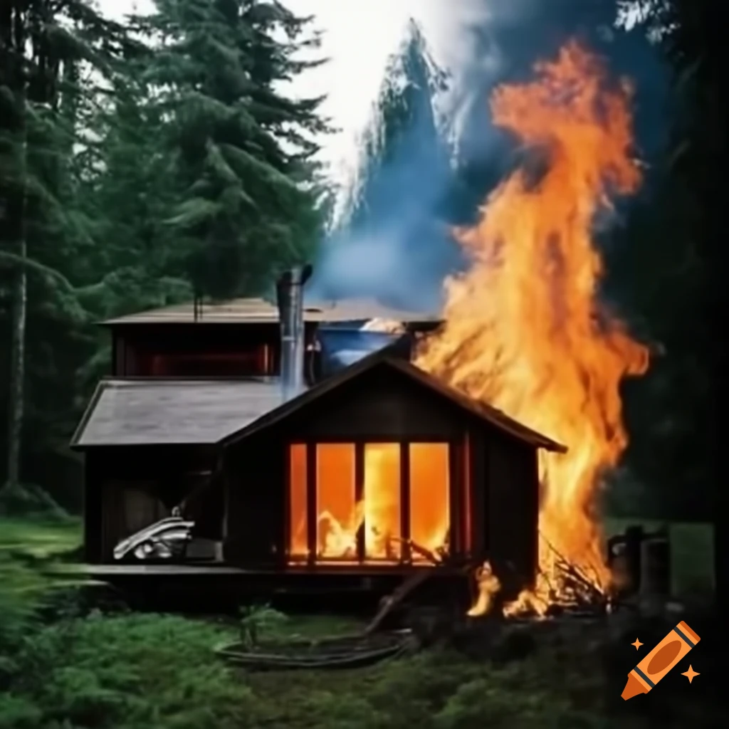 Burning wooden house in summer woods