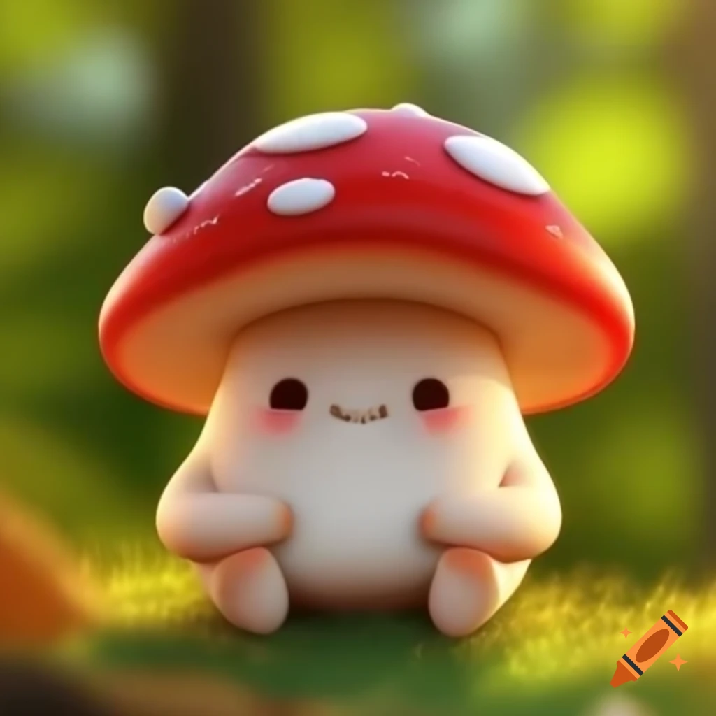 Cute cartoon mushroom with red hat sitting in a forest