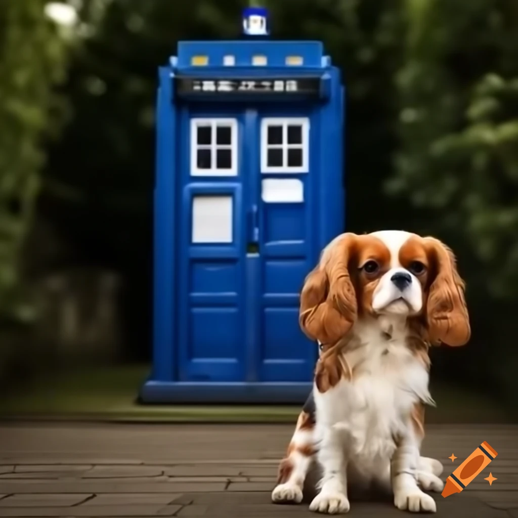 Blenheim King Charles Cavalier Spaniel standing outside Doctor Who TARDIS