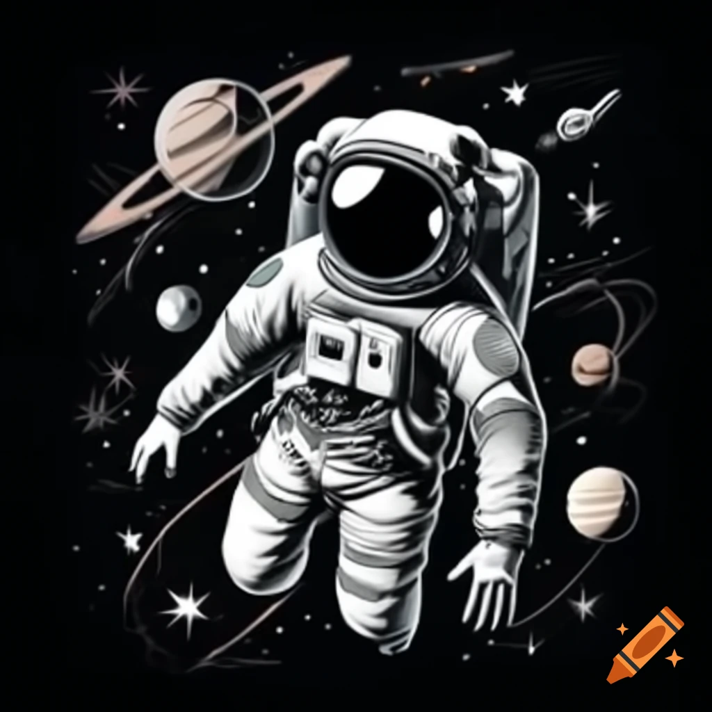 Monochromatic illustration of astronaut floating in space in vintage style