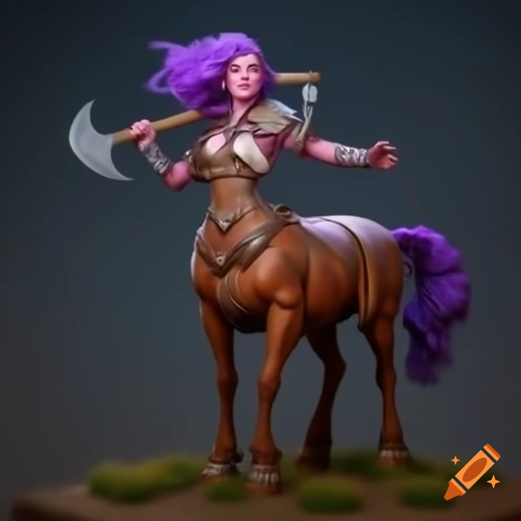 Purple haired female centaur warrior with medieval axe in realistic style