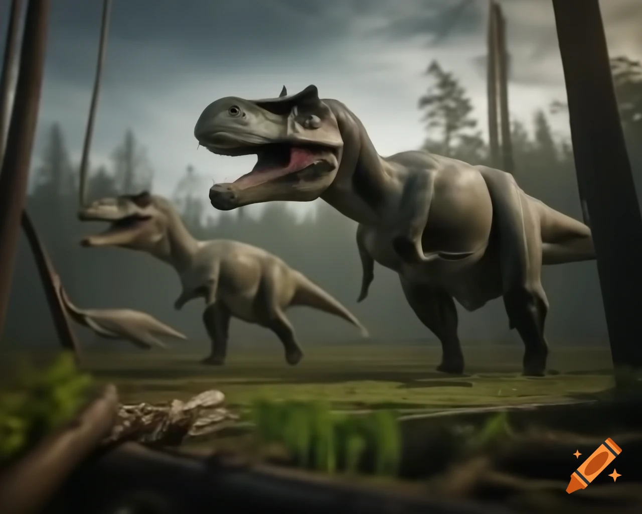 Hadrosaurus dinosaurs in prehistoric prairie with ferns and forest backdrop