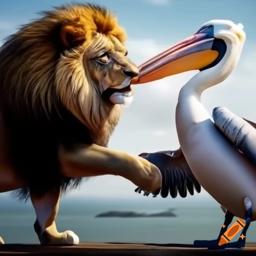 Lion and pelican shaking hands in a whimsical illustration