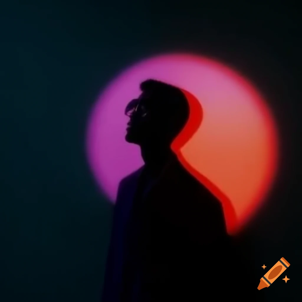 Silhouette of man in purple and red striped jacket against a sunset backdrop