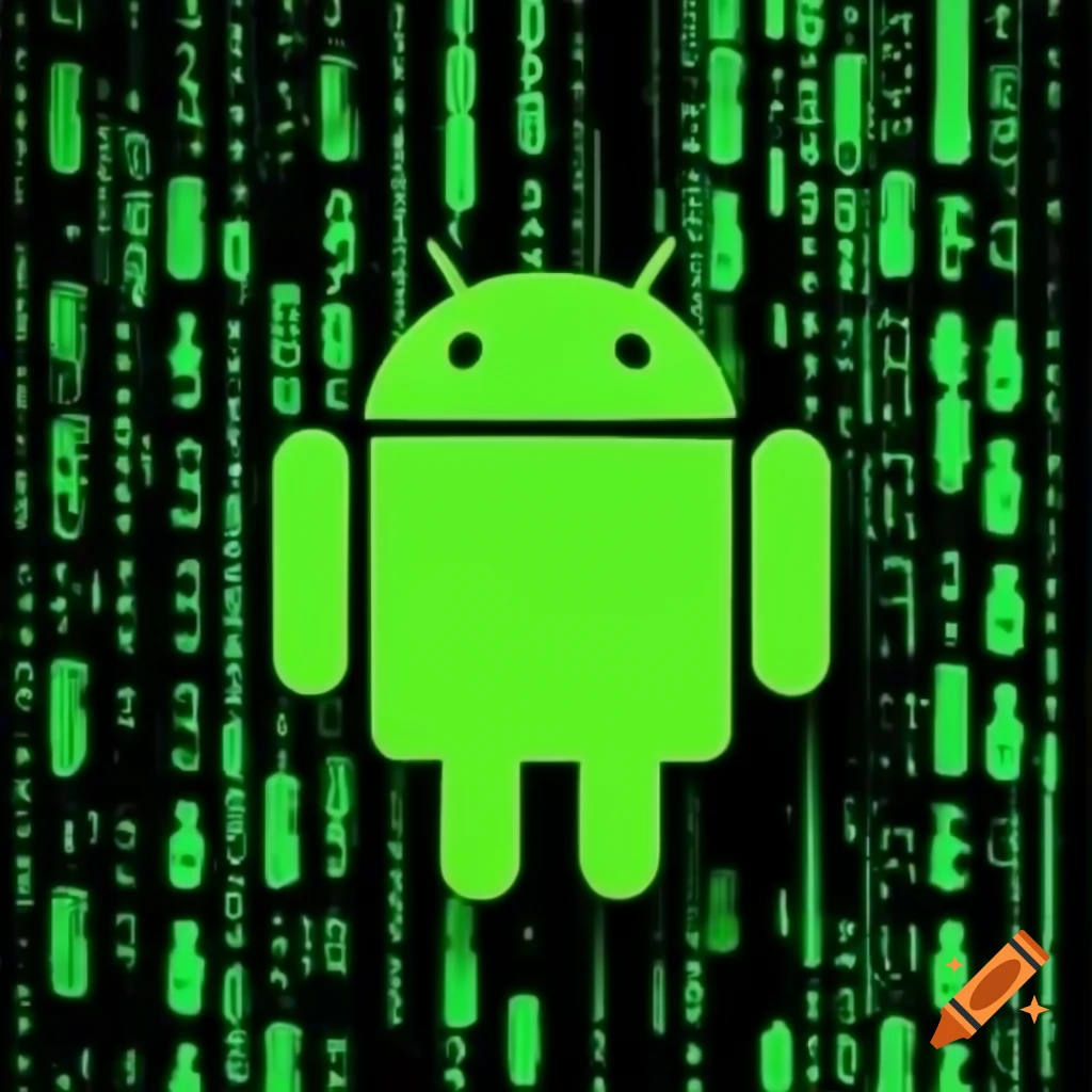 Green Android logo set against a matrix background