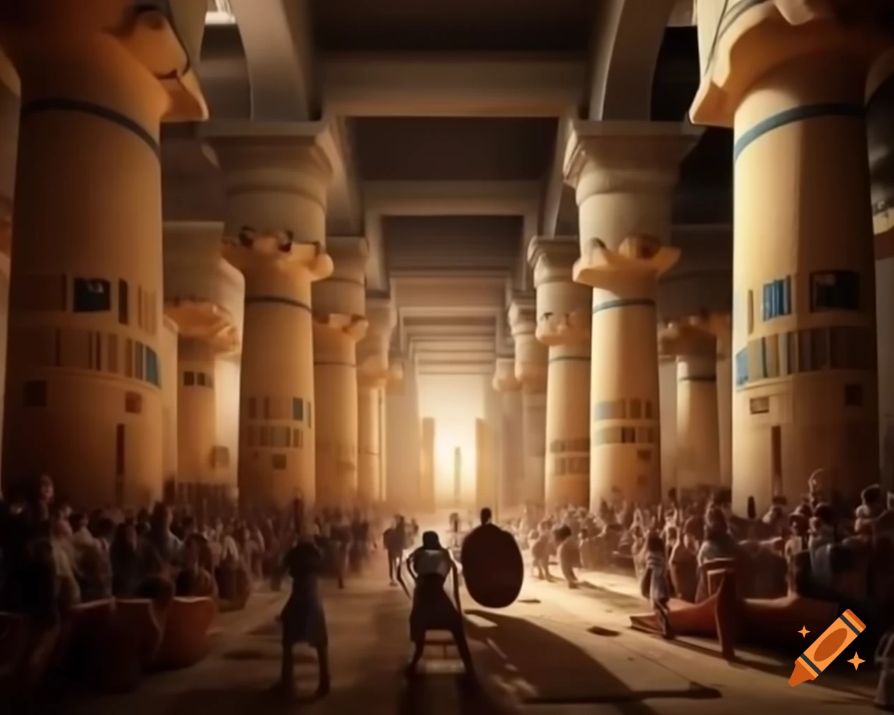 Ancient Egyptian interior where spectators observe gladiator fights
