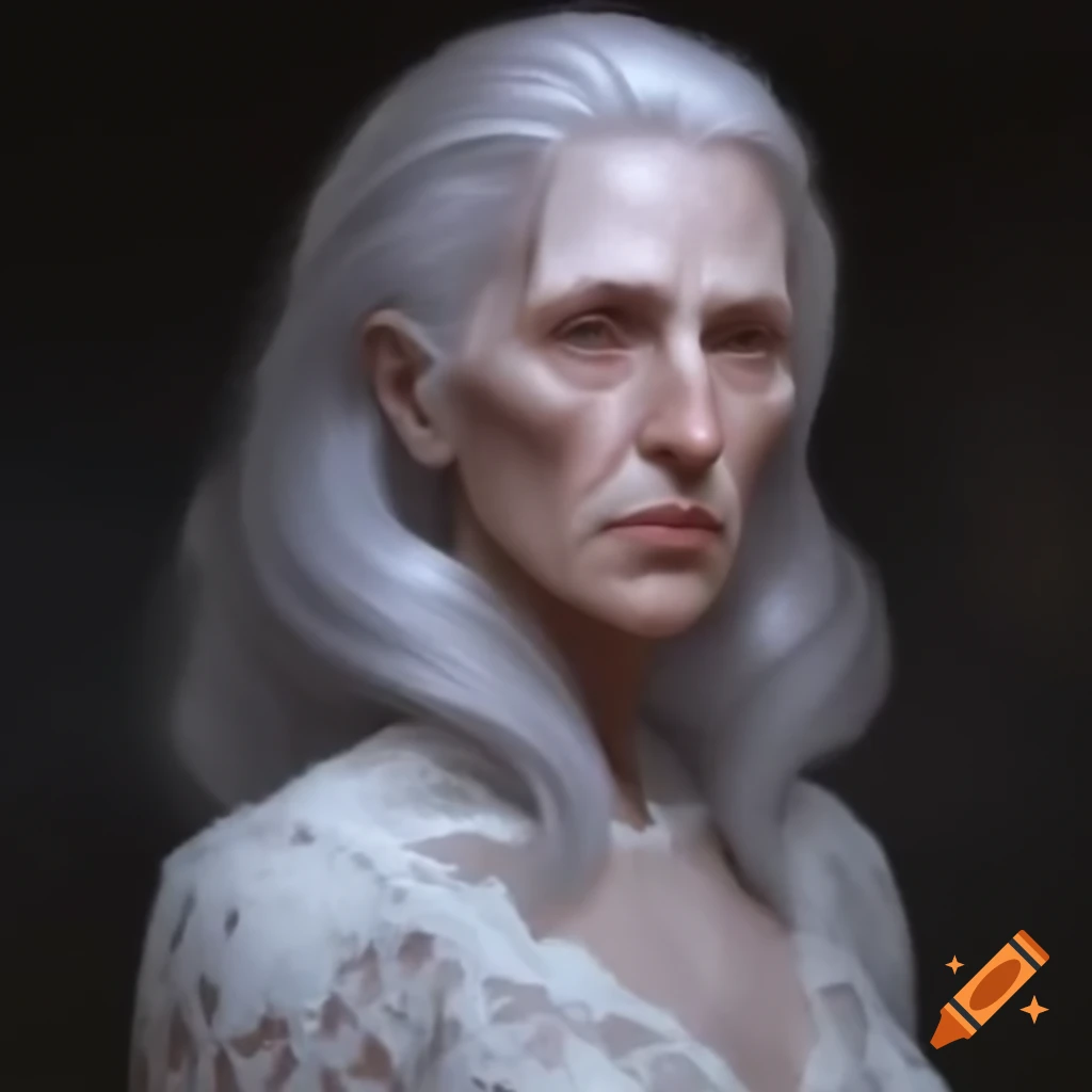 Middle-aged silver-haired woman in white and silver lace dress