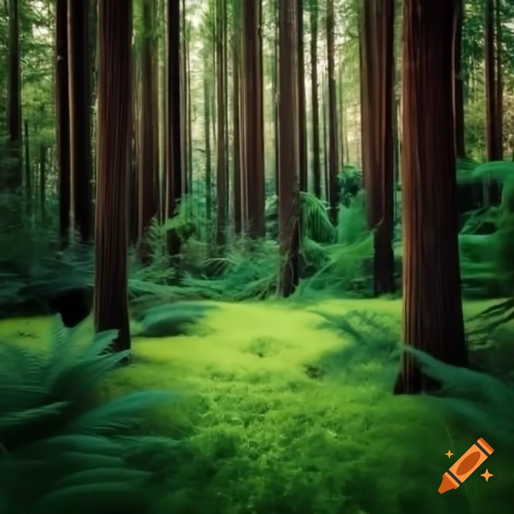 Tiny green meadow surrounded by dense forest with tall ferns, illuminated by sunlight