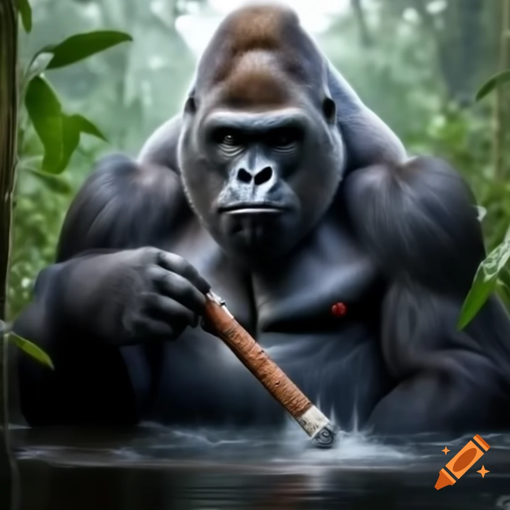 Gorilla in swamp environment with cigar