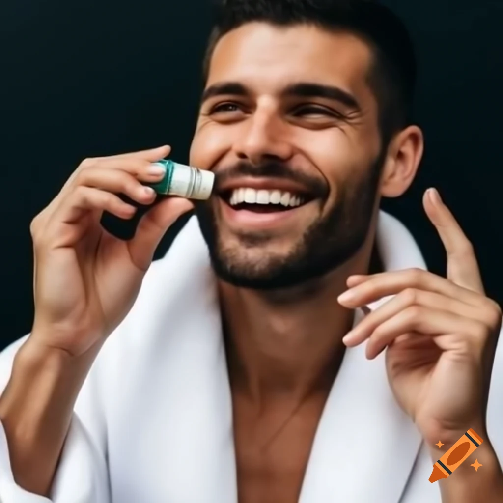 Man in bathrobe applying serum