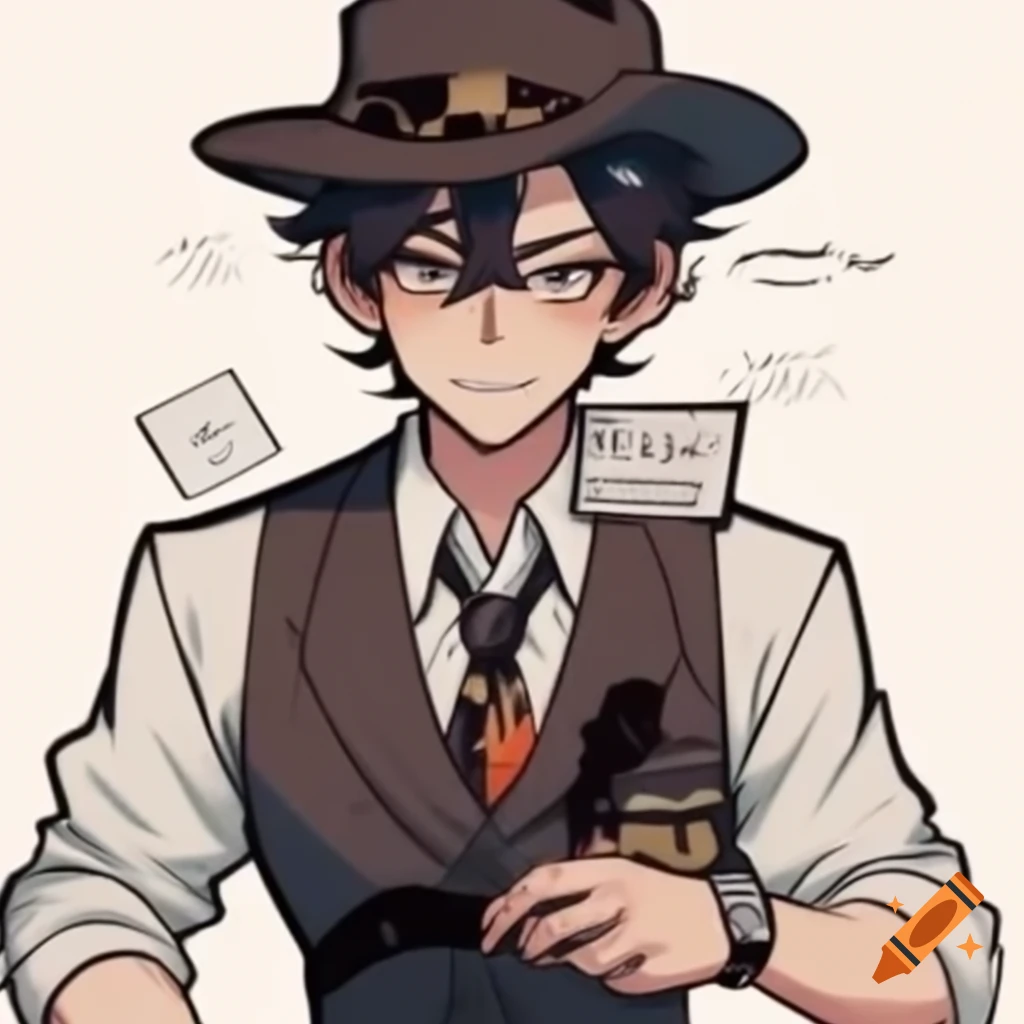 Cartoon drawing of young detective with dark hair and confident expression