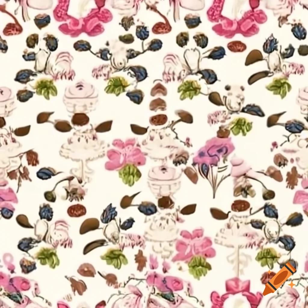 Intricate floral patterns with pink and blue flowers and dark green leaves
