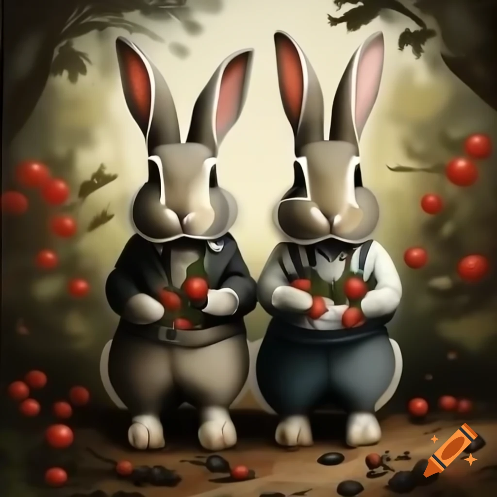 Vintage-style painting of gray rabbits in Victorian attire gathering berries in forest