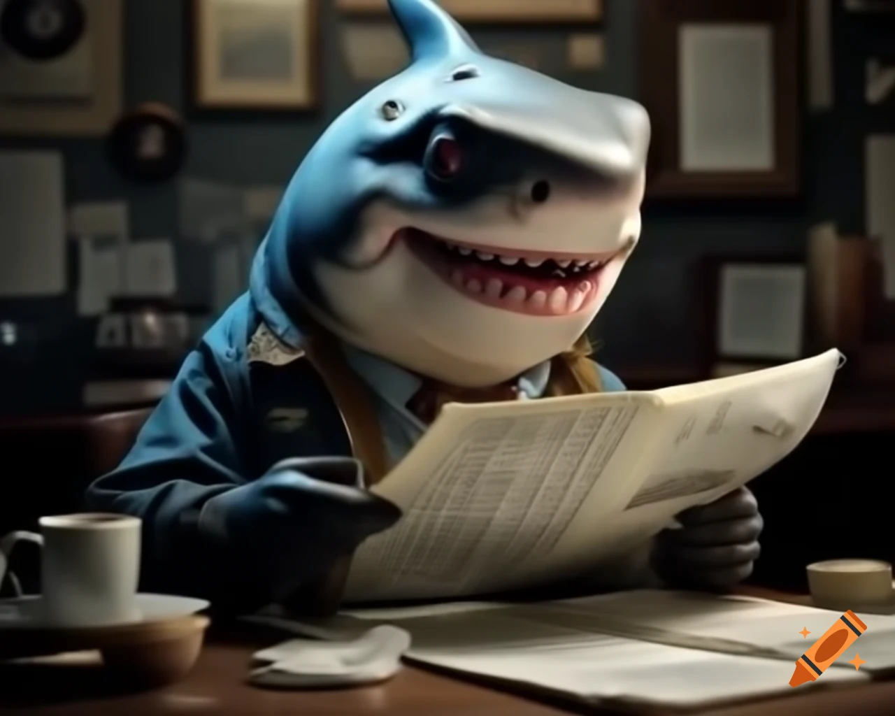 Anthropomorphic shark reading newspaper in hyper-realistic photography