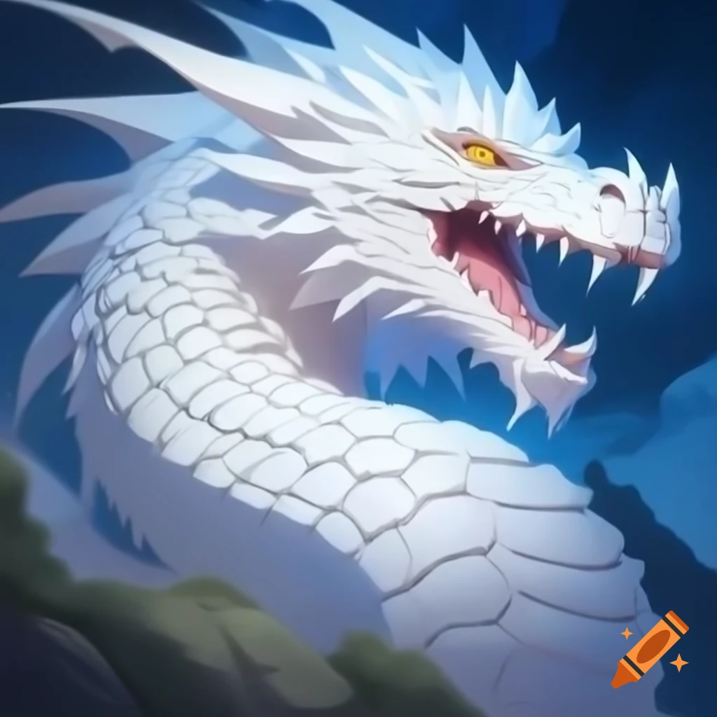 Anime headshot of large white dragon with yellow eyes
