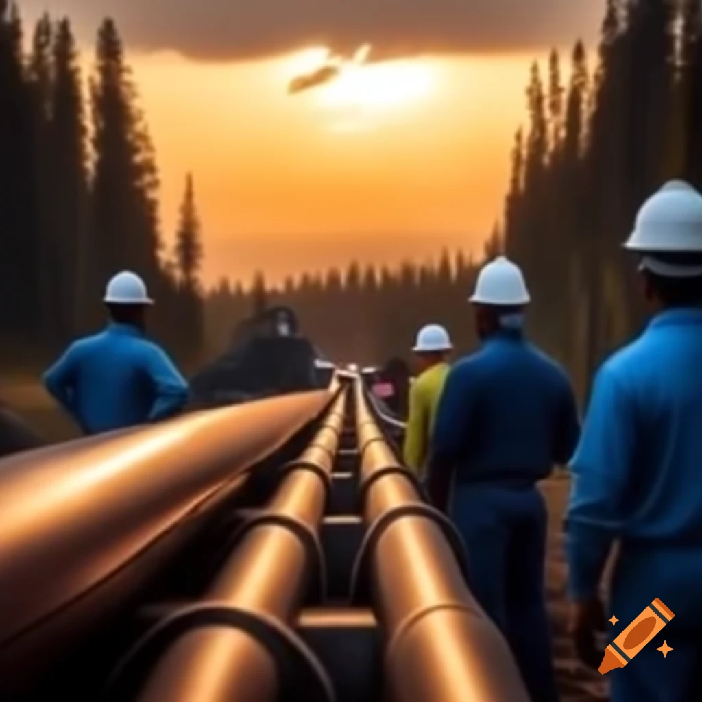 Sunrise over forest with gas pipe and workers in white helmets