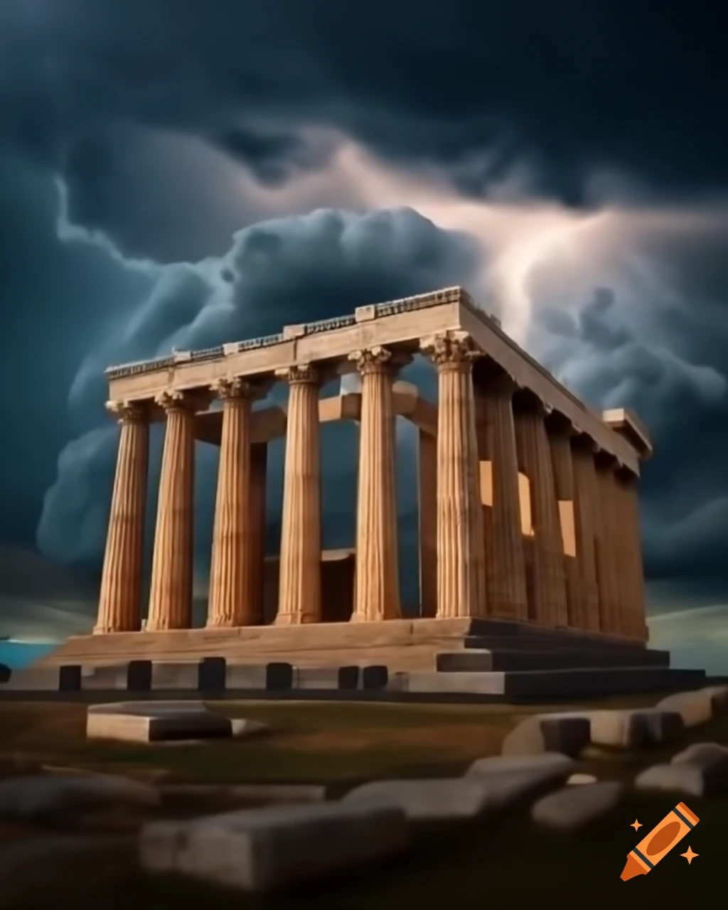 Ancient Greek temple ruins illuminated by thunderstorm