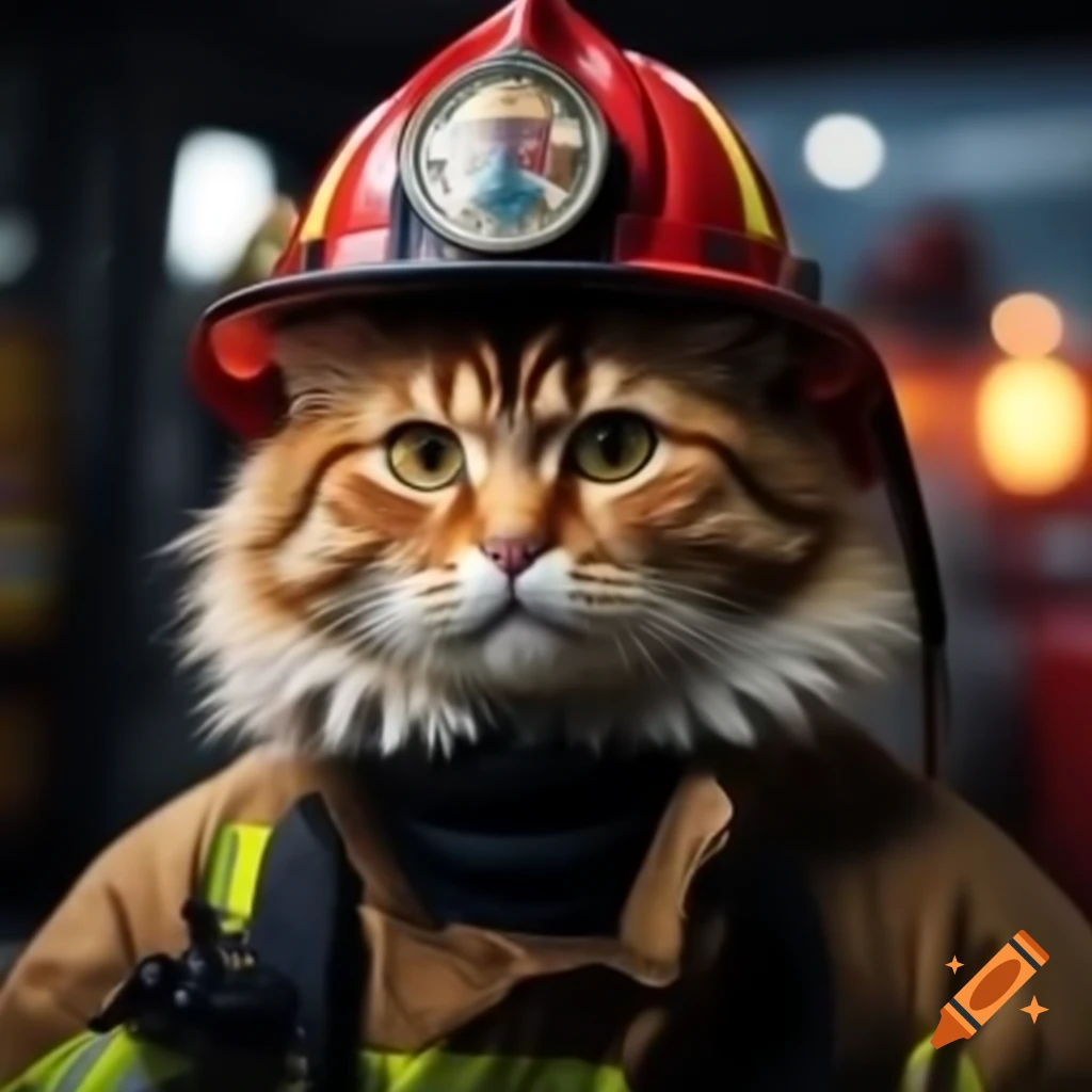 Red-haired cat dressed as a firefighter