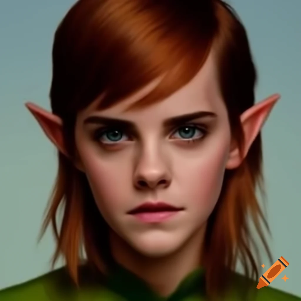 Emma Watson portrayed as an elf with a light background