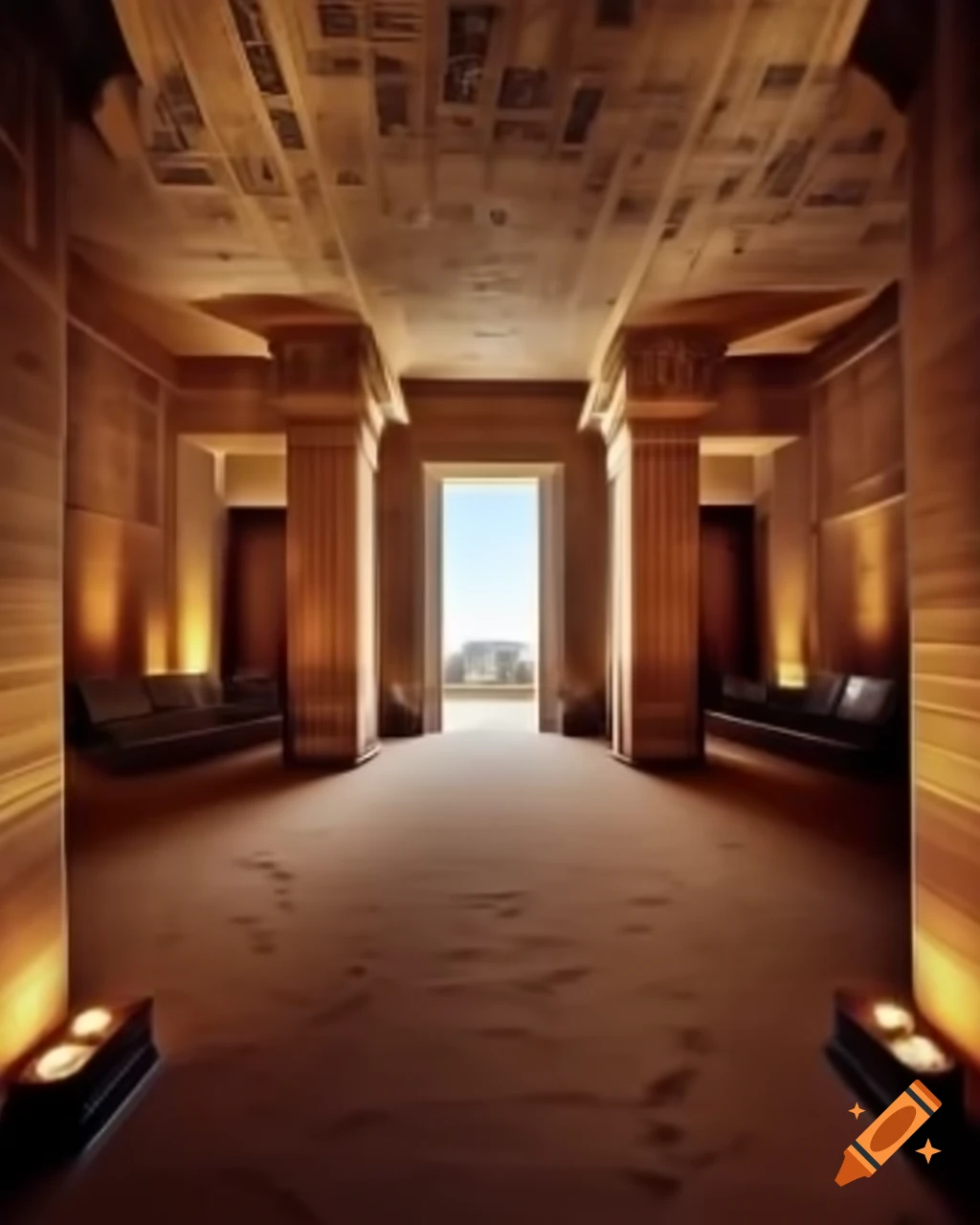 Cavernous palace throne room with sandy floor and stone walls in Ancient Egyptian style