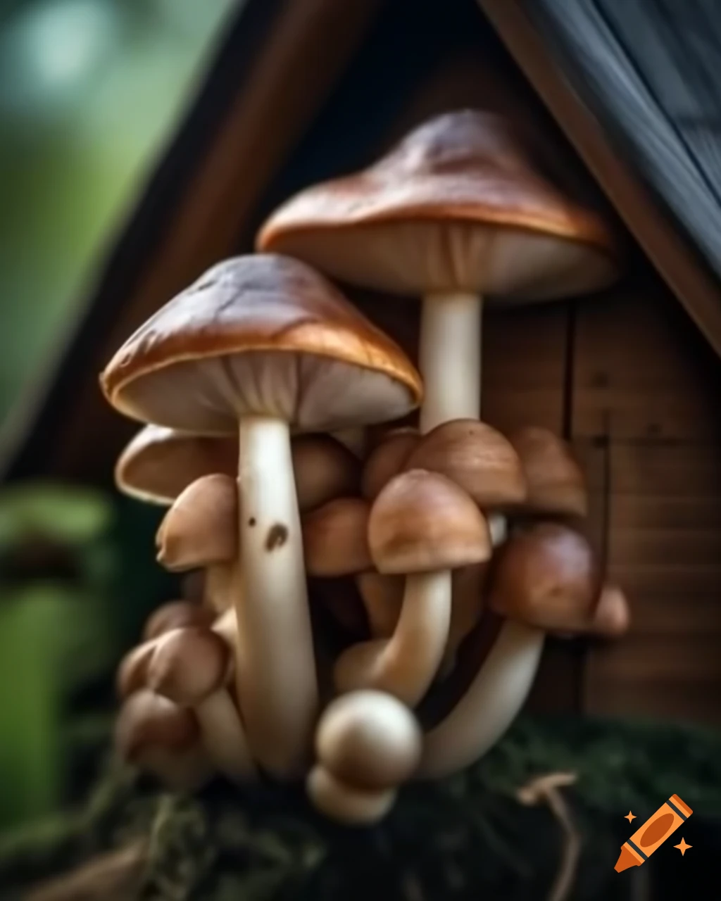 Closeup of house constructed with mushrooms
