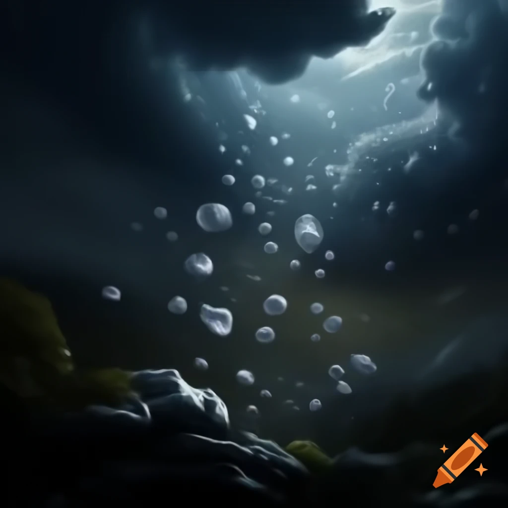 Large hailstones falling in prehistoric forest under dark clouds, digital oil painting