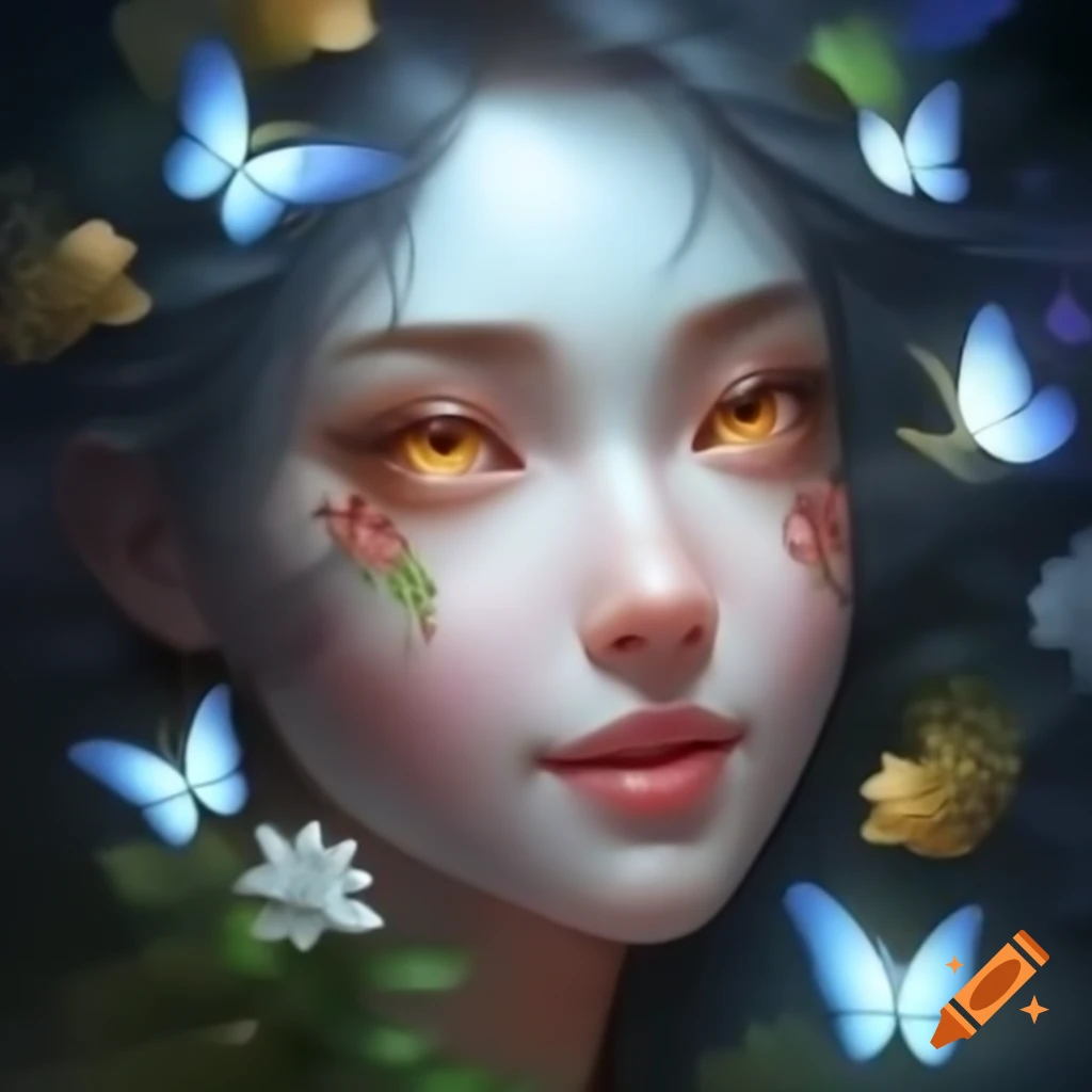 Profile portrait of a beautiful goddess with glowing hair surrounded by