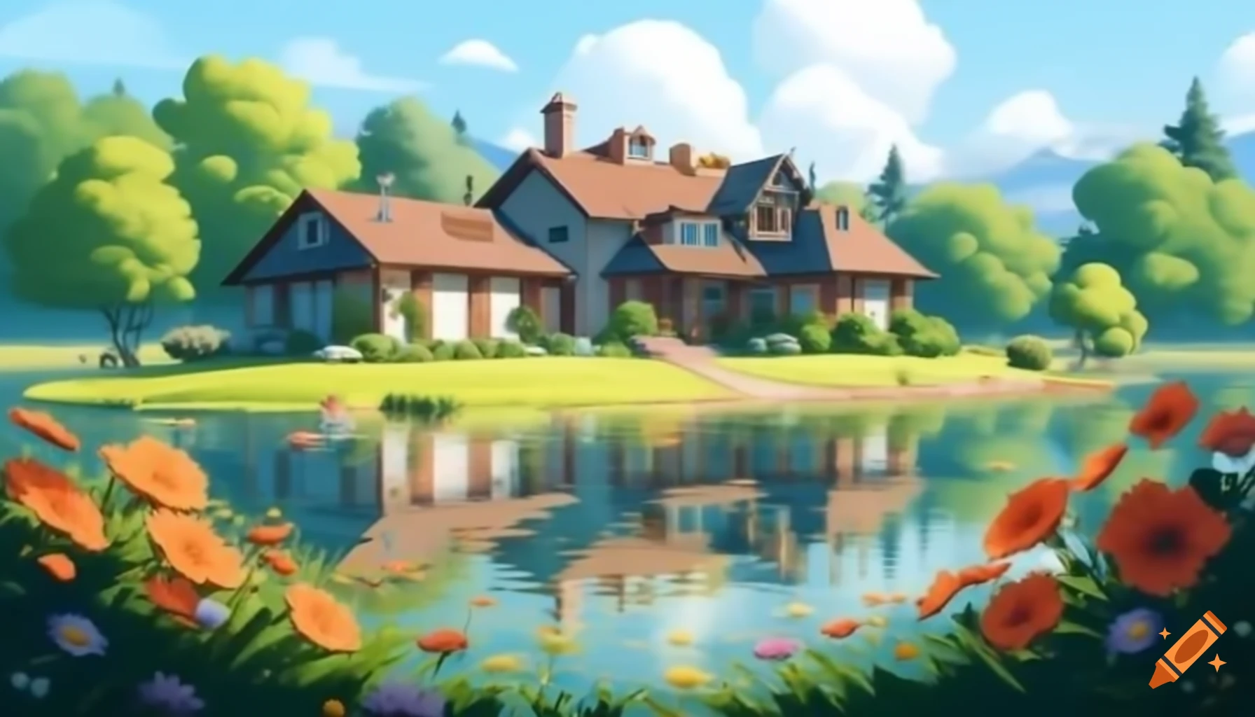 House by lake surrounded by colorful flowers