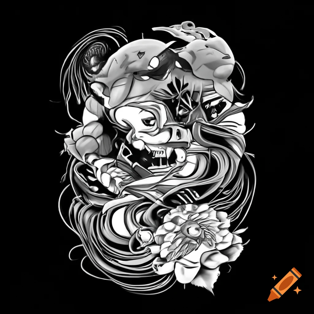 Japanese tattoo style drawing featuring peony flowers and a kitsune in ...