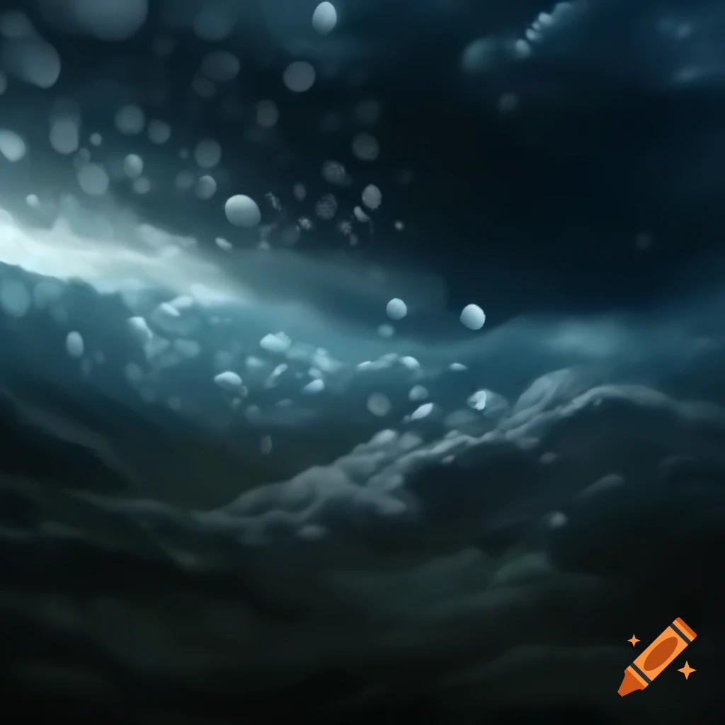 Large hailstones falling from dark clouds in prehistoric forest, digital oil painting