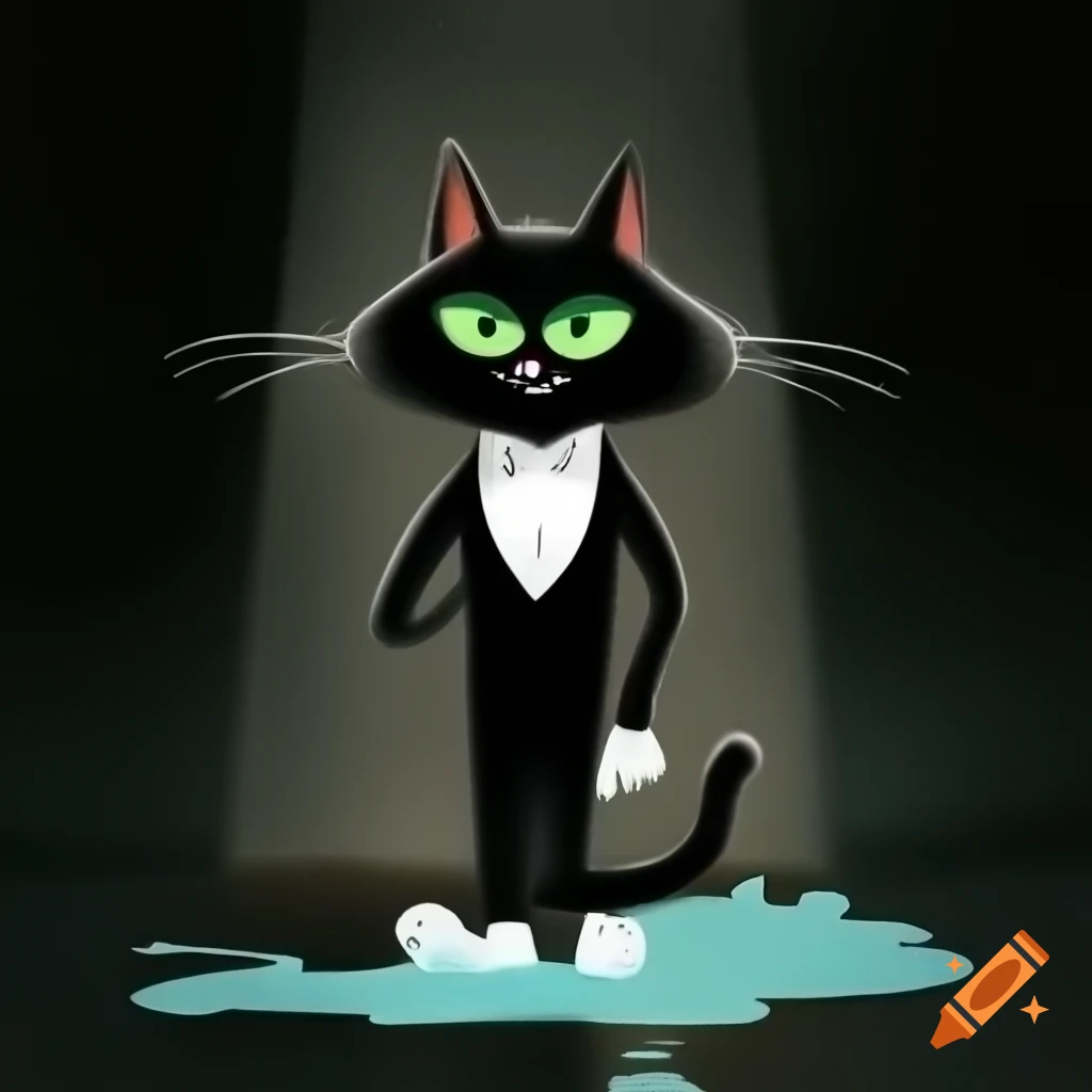 Long-haired black tuxedo cat with white features and green eyes