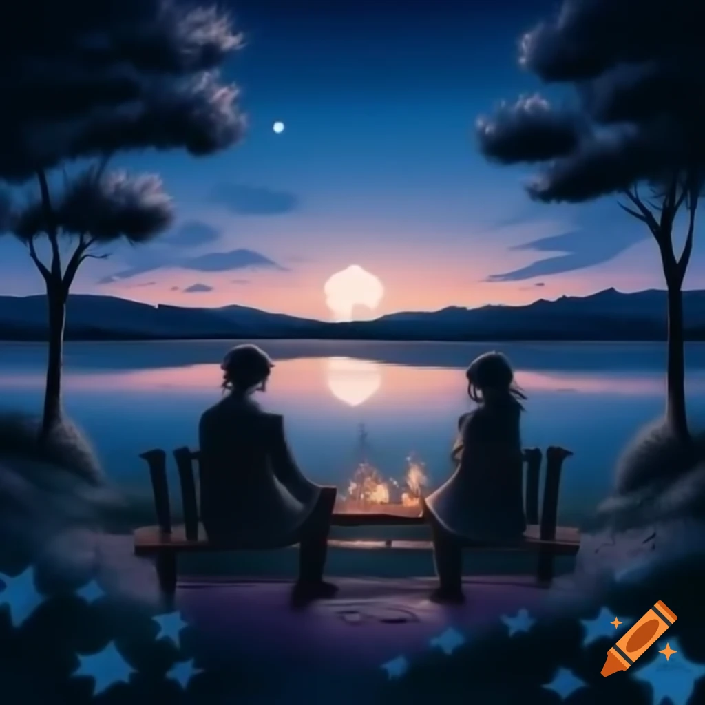 Serene moonlit evening by tranquil lake with stars and full moon