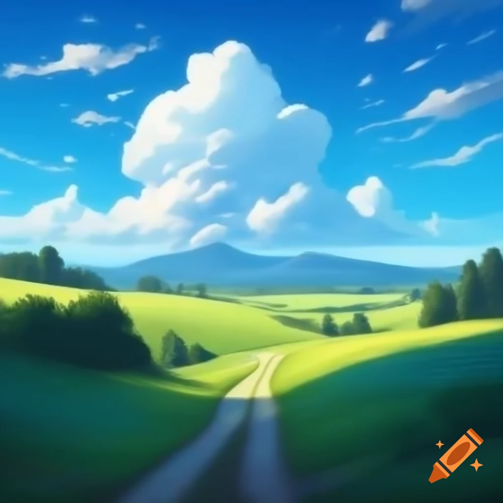 Lush green meadows in foreground with hills and blue sky