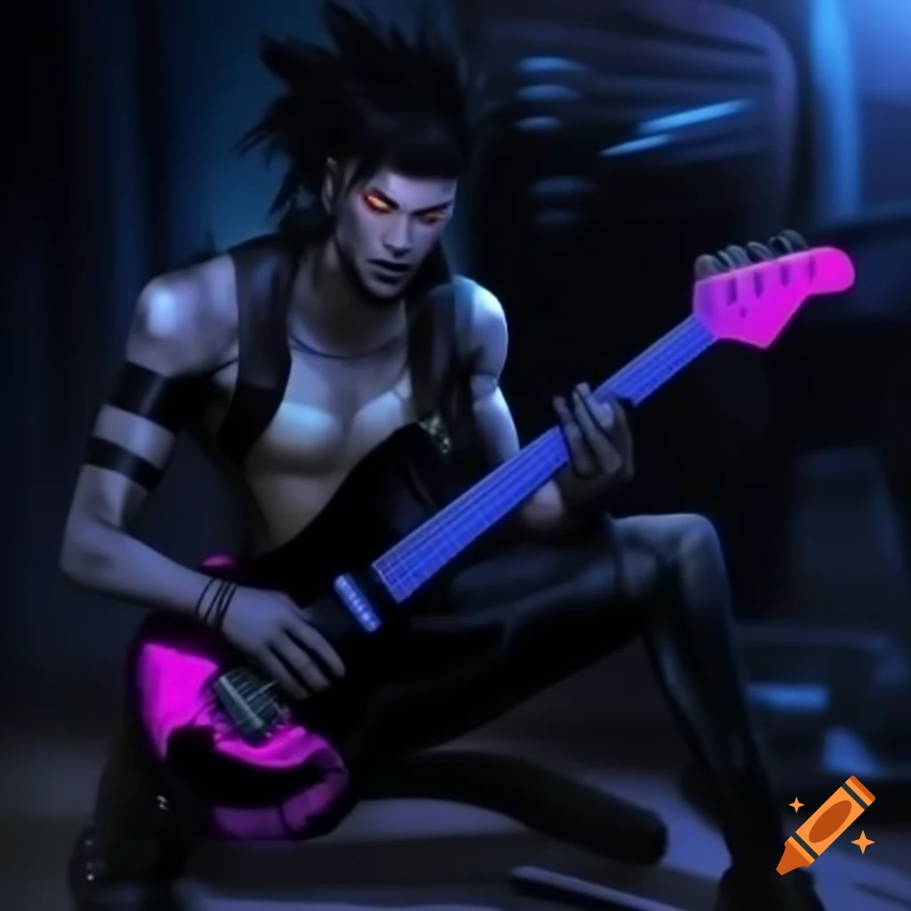 Cyberpunk rockstar energetically playing guitar