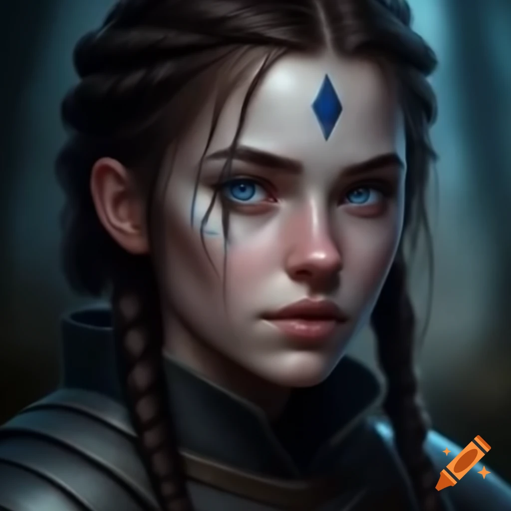 Powerful Warrior Woman In Blue Gown With Silver Adornments And Flowing 