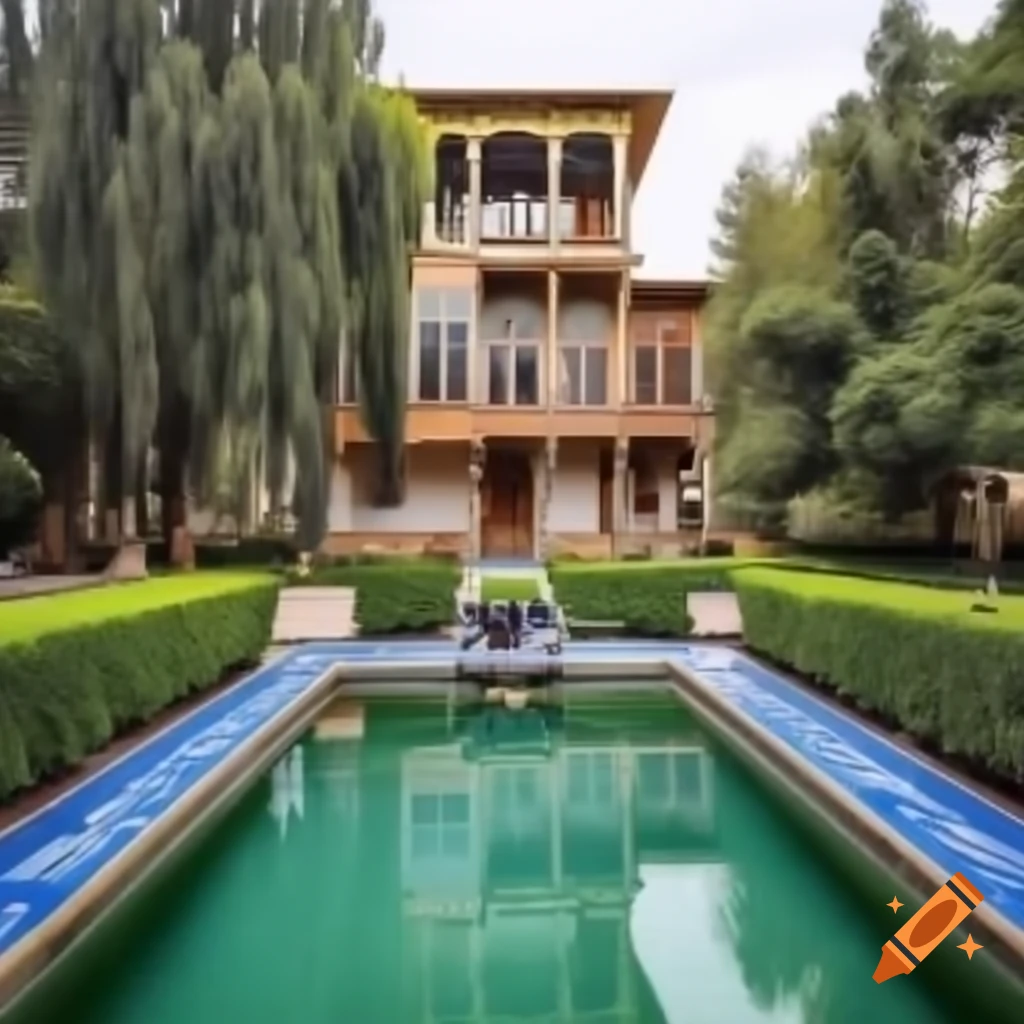 Beautiful old house in Tehran with a tree-filled yard and pond with blue tiles