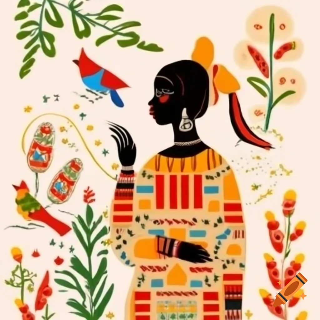 American folk art illustration of Black woman in traditional dress outdoors